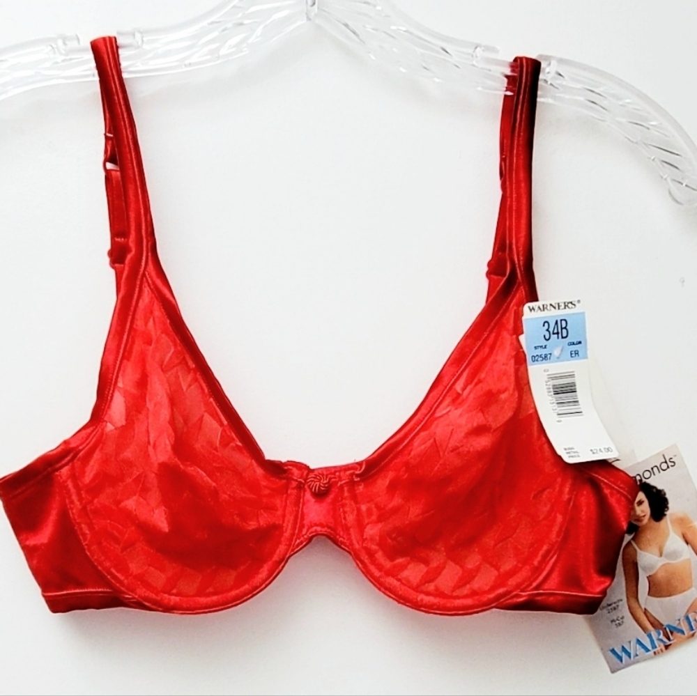 Warners Red Satin And Diamonds Underwire Bra Soft Semisheer Cup Size 34B